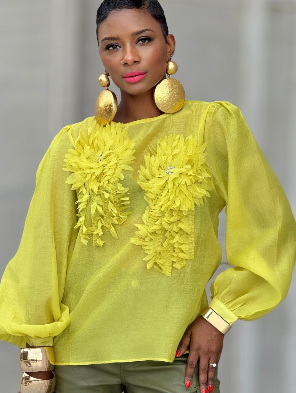 Vibrant Yellow Long Sleeve Sheer- 3D Floral Design Blouse ** Size Medium